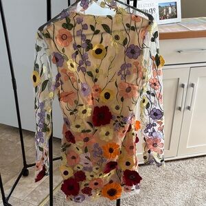Floral Embroidered Sheer Mini Dress - Multicolor Flowers